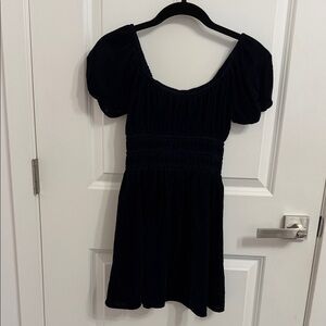 Elegant velvet Puff Sleeve Dress in Dark Marine